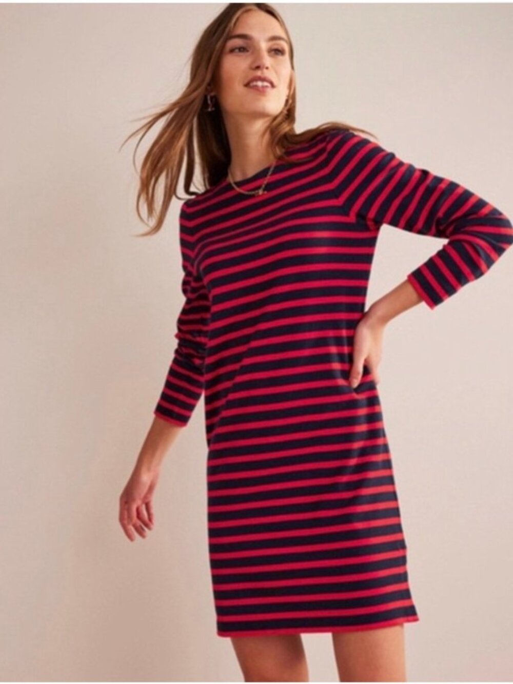 Boden Red Burgundy Striped Cotton Knit Dress 3/4 Sleeves Size 8R Casual Travel‎